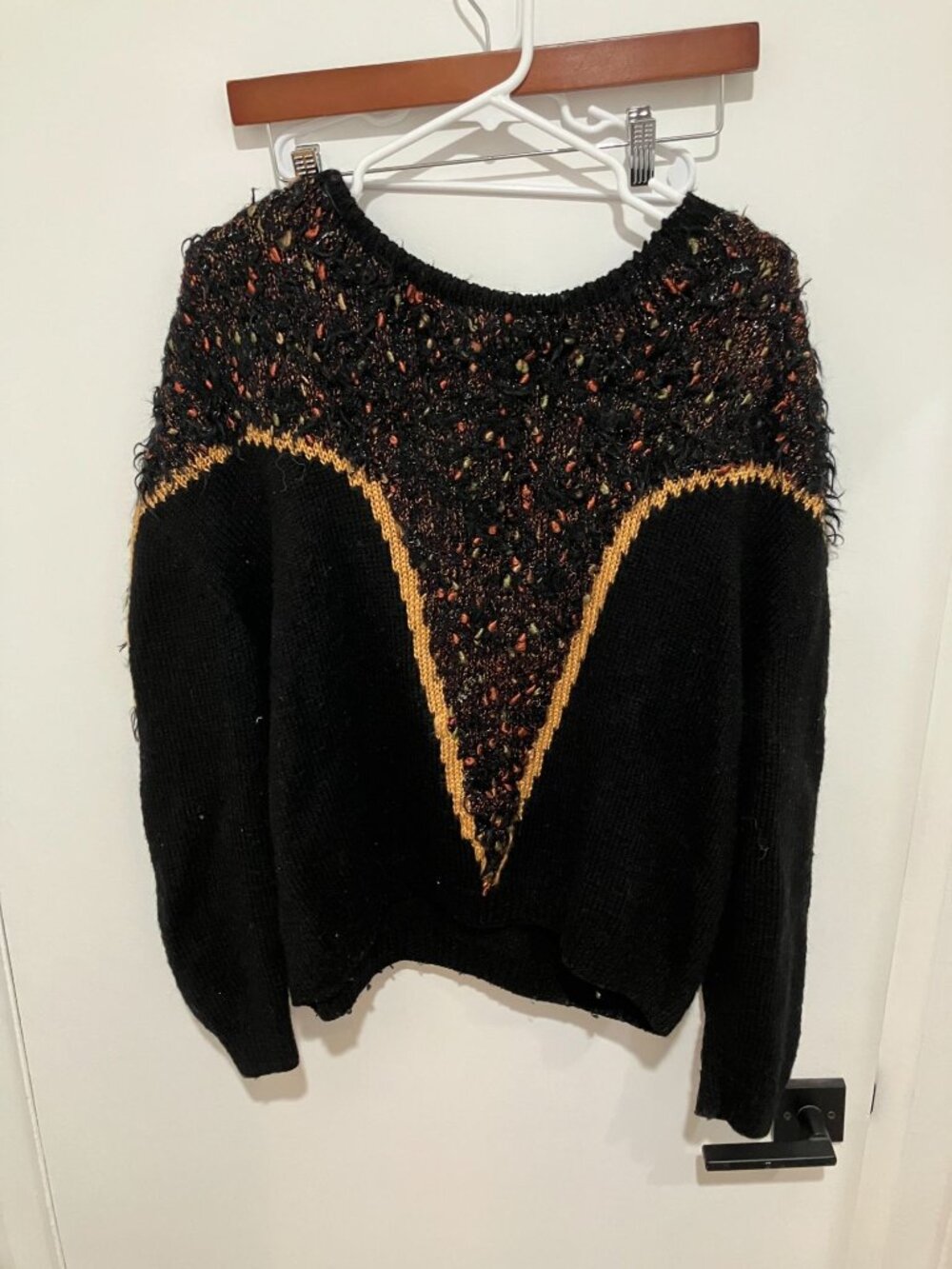 VTG 1980s Black Chunky Knit Sweater Metallic Gold Accent Trim Flecked Boho 2X